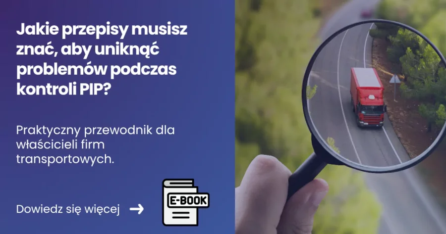 jakie-przepisy-musisz-znac-aby-uniknac-problemow-podczas-kontroli-pip Banner informacyjny z tekstem o przepisach dla firm transportowych i kontroli PIP. Po lewej stronie tekst, po prawej zdjęcie ciężarówki widzianej przez lupę.